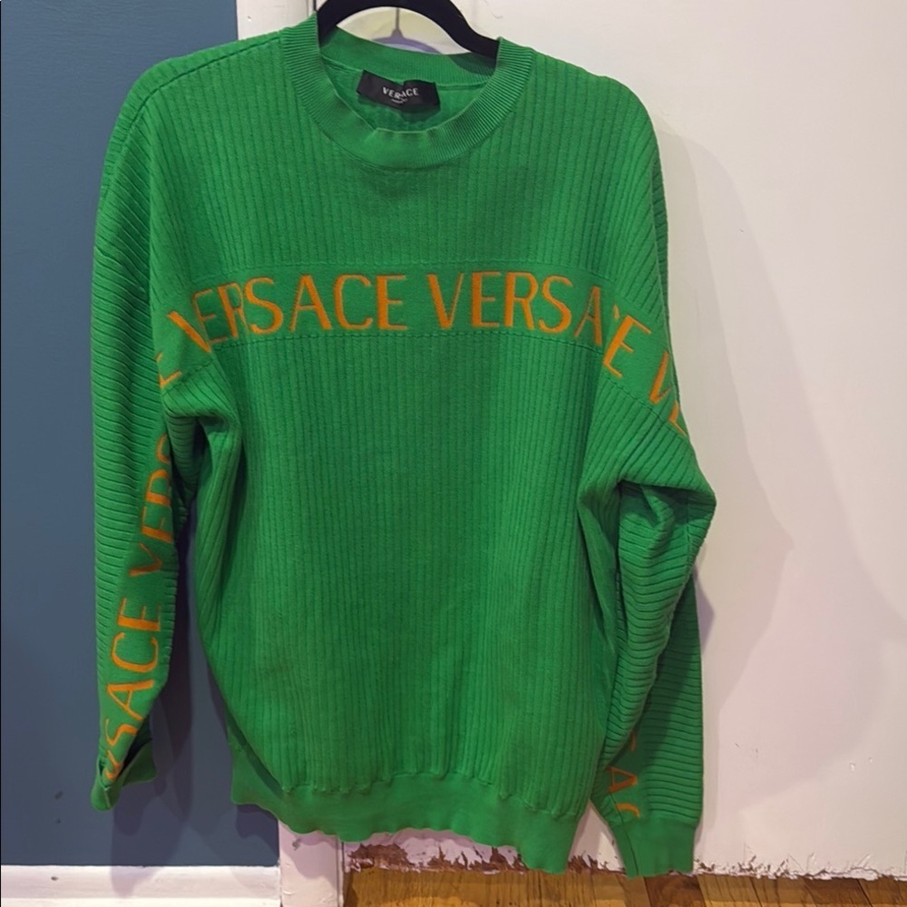 Versace Green Crewneck Sweater with Bold Text